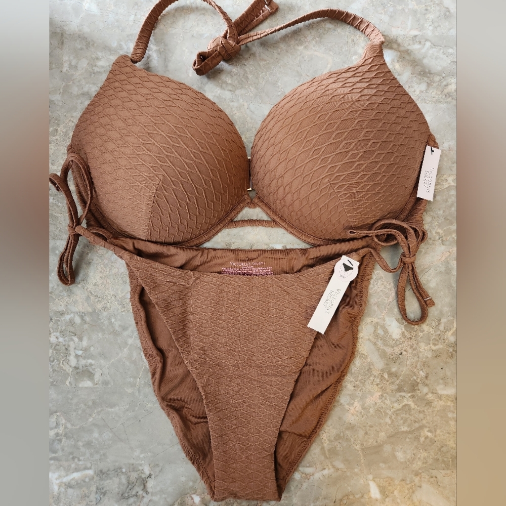 38DD/XL VS Swim Bombshell PushUp Bikini Top Side Tie Cheeky Bikini Set Fishnet